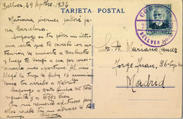 1932  , LÉRIDA , T.P. CIRCULADA ENTRE BELLVER Y MADRID , MAT. CARTERIA EN COLOR VIOLETA , VISTA PANORÁMICA SOBRE EL RIO - Brieven En Documenten
