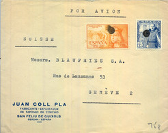1951 GERONA , SAN FELIÚ DE GUIXOLS - GINEBRA , CORREO AÉREO , TRÁNSITO DE BARCELONA , MATASELLOS MUDOS - Covers & Documents
