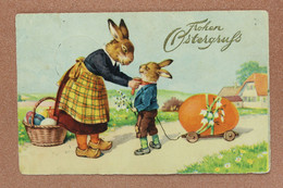 Old ERIKA Postcard Labiau Post Stamp 1937 Dressed Hare Bunny Mom Son. EASTER Huge Red Egg. Rural House - Pascua