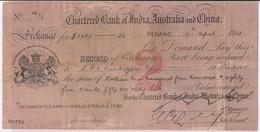 Used 1928 Chartered Bank Of India Australia & China, Sola Hundi, Paid @ Penang, Malaya, (cond., Pin Holes) Lion Insignia - Penang