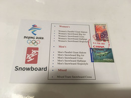 (1 G 26) Beijing 2022 Winter Olympic Games - Postmarked Opening Day Of The Games 4-2-2022 - Snowboard - Hiver 2022 : Pékin