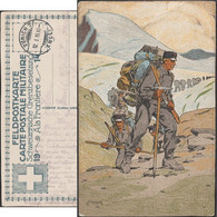 Suisse 1914. Carte Postale De Franchise Militaire. Troupes De Montagne En Marche, Convoyeurs. Premier De Cordée, Piolet - Montagne