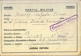 1939 , T.P. MILITAR CIRCULADA A SEVARES / INFIESTO , CENSURA MILITAR , FRANQUICIA BATALLÓN DE TRABAJADORES Nº 123 / 2ª C - Covers & Documents