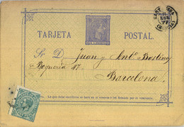 1877 MURCIA , CARTAGENA - BARCELONA , ENTERO POSTAL CIRCULADO , ED. 8 , IMPUESTO DE GUERRA - 1850-1931