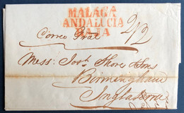 ESPAGNE Lettre 08/08 1840 De MALAGA Griffe Rouge " MALAGA ANDALUCIA BAJA " Pour Angleterre + Manuscrit "Correo Gral" SUP - ...-1850 Vorphilatelie