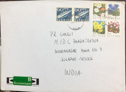 SWEDEN 2000, COVER VIGNETTE ECONOMIQUE GREEN LABEL USED TO INDIA,STAMPS 4 STAMPS FLOWERS BLOCK,SHIP PAIR - Lettres & Documents