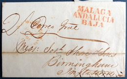 ESPAGNE Lettre 01/08 1840 MALAGA Griffe Rouge " MALAGA ANDALUCIA BAJA " Pour Angleterre + Cursive CADIZ + Cheque 200 £ - ...-1850 Préphilatélie