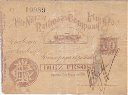 BILLETE DE CHILE DE 10 PESOS DEL AÑO 1891 DE IQUIQUE (BANK NOTE) NITRATE RAILWAYS COMPANY - Chile