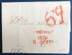 ESPAGNE ESPANA 06 Oct 1836 Lettre De Sevilla Griffe Rouge  " SEVILLA / 1836 6 OCT " + Porteos " 6q " + CADIZ Bleu En Arr - ...-1850 Vorphilatelie