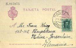 1925 BARCELONA , ENTERO POSTAL ED. 50  CIRCULADO , MANRESA - MAINZ GONSENHEIM , FRANQUEO COMPLEMENTARIO - 1850-1931