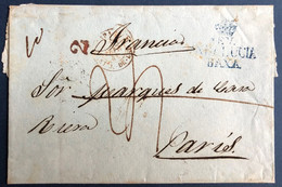 ESPAGNE Lettre 1837 De SEVILLA Griffe Bleue Couronnée" SEV ANDALUCIA BAXA " Pour PARIS + Au Dos RR Cachet De Service !! - ...-1850 Prephilately