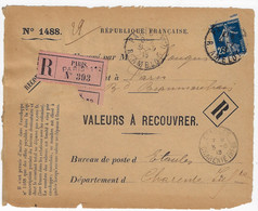 PARIS 112 Valeur à Recouvrer 1488 Yv 140 Semeuse 25c Bleu Ob 1915 Dest Etaules Charentes Inf Etiquette Paris Imprimée - Covers & Documents