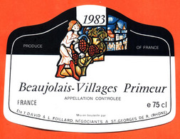 Etiquette Neuve De Vin De Beaujolais Villages Primeur 1983 T David Et L Foillard à Saint Georges De Renains - 75 Cl - Beaujolais