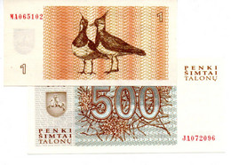 LITUANIE  -  Lot De 2 Billets : 1 Talonas 1992 Et 500 Talonas 1993  --- UNC ---   Lietuva - Litauen