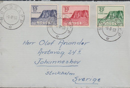 1953. NORGE. NORDKAPP 4 -  Complete Set With 3 Stamps Cancelled NORDKAPP 6.8.53 To Sverig... (Michel 380-382) - JF428289 - Cartas & Documentos