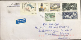 SWEDEN 2003, AIRMAIL USED COVER TO INDIA,6 STAMPS ,GLASS INDUSTRY,WORKER ,SPORT,BOAT ,TANK ,BUILDING,BEACH RESORT COMPAN - Briefe U. Dokumente