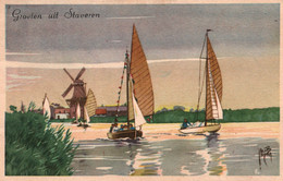 Groeten Uit Staveren, Hotel-Restaurant De Vrouwe Van Stavoren - Friesche Watersport, Illustration Signée Jacob J... - Stavoren