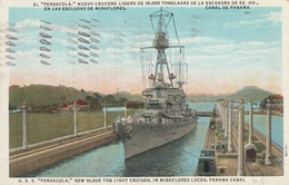 Canal Zone Post Card USS PENSACOLA Miraflores Locks Panama Canal 1939 SHORT ROUTE - Central America
