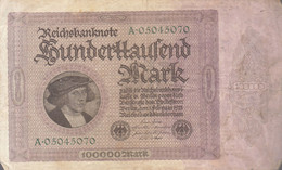 Billet Allemagne : 100 000 Mark (état Très Moyen)  ///  Réf. Fév.  22 / P9 - 100000 Mark