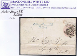 Ireland Belfast 1844 Italic "Arthur Street R.H/ Belfast" Blue Receiver On 1d Pink Wrapper To Dublin, Cancelled "62" Diam - Préphilatélie