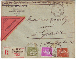 Lettre RECOMMANDEE CONTRE REMBOURSEMENT De St Remy De Provence Pour Grasse Dec 1933 - 1921-1960: Modern Period