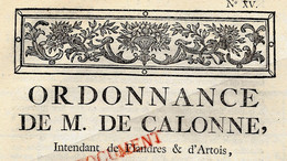 1780 ORDONNANCE CALONNE  FLANDRES ARTOISLILLE DUNKERQUE DILIGENCES MESSAGERIES TARIFS - Documents Historiques