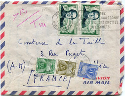 NOUVELLE-CALEDONIE LETTRE PAR AVION DEPART NOUMEA 16-4-58 TAXEE A L'ARRIVEE A NICE LE 2?-4-58 ALPES MARITIMES - Lettres & Documents