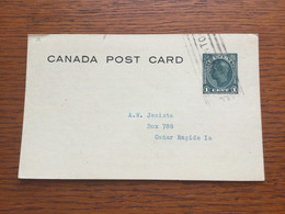 GÄ26246 Canada Ganzsache Stationery Entier Postal Preprinted Psc From Toronto To Cedar Rapids USA - 1903-1954 Kings