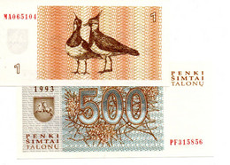 LITUANIE  -  Lot De 2 Billets : 1 Talonas 1992 Et 500 Talonas 1993  --- UNC ---   Lietuva - Lituania