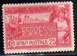 REPUBBLICA DI SAN MARINO 1907 ESPRESSI ALLEGORIA E VEDUTA ALLEGORY VIEW SPECIAL DELIVERY ESPRESSO LIRE 25 MLH CENTRATO - Timbres Express