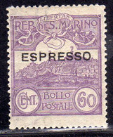 REPUBBLICA DI SAN MARINO 1923 ESPRESSO SPECIAL DELIVERY CENT. 60c MNH BEN CENTRATO - Francobolli Per Espresso