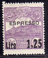 REPUBBLICA DI SAN MARINO 1926 ESPRESSI  SOPRASTAMPATO ESPRESSO 1923 SURCHARGED LIRE 1,25 SU CENT. 60c MNH BEN CENTRATO - Eilpost