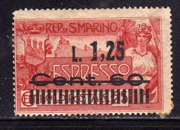 REPUBBLICA DI SAN MARINO 1927ESPRESSI ESPRESSO SOPRASTAMPATO SPECIAL DELIVERY SURCHARGED LIRE 1,25 SU CENT.60 SU 25c MLH - Eilpost