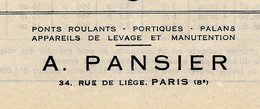 DOCUMENTATION ET MODELES SUR 2 PAGES A. PANSIER PARIS INDUSTRIE CHARIOTS PONTS ROULANTS CIRCA 1950B.E. VOIR SCANS - Tools
