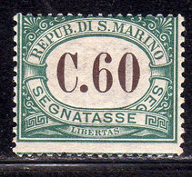 REPUBBLICA DI SAN MARINO 1897-1919 SEGNATASSE DUE TASSE TAXE  CENT. 60c MH - Timbres-taxe