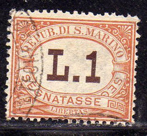 REPUBBLICA DI SAN MARINO 1925 SEGNATASSE DUE TASSE TAXE LIRE 1 USATO USED OBLITERE' - Segnatasse