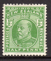 New Zealand EVII 1908-12 ½d Yellow-green, Perf. 14x15, Hinged Mint, SG 387 (A) - Ongebruikt