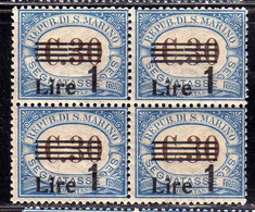 REPUBBLICA DI SAN MARINO 1936 - 1939 SEGNATASSE POSTAGE DUE SOPRASTAMPATI SURCHARGED LIRE 1 SU 30c QUARTINA BLOCK MNH - Segnatasse