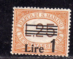 REPUBBLICA DI SAN MARINO 1936 - 1939 SEGNATASSE SOPRASTAMPATO OVERPRINTED LIRA 1 SU LIRE 25 MLH - Segnatasse