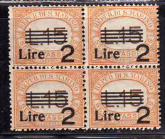 REPUBBLICA DI SAN MARINO 1936 - 1939 SEGNATASSE SOPRASTAMPATO OVERPRINTED LIRA 2 SU LIRE 15 QUARTINA BLOCK MNH - Segnatasse