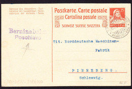 1921 25 Rp GZ Karte Mit Bahnstempel Samaden-Tirano Sowie Handstempel Bernina Bahn Poschiavo Nach Pinneberg - Chemins De Fer