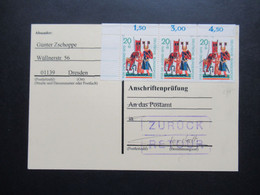 DDR Postkarte / Anschriftenprüfung Stempel Zurück Retour Dresden / Sarstedt - Cartas