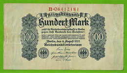 ALLEMAGNE / 100 MARK / REICHSBANKNOTE / 04 - 08 - 1922 / B. 06412181  Ros.72 - 100 Mark