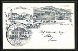 Lithographie Gundelfingen, Gasthaus Z. Rössle. Kirche U. Schulhaus, Panorama - Unclassified