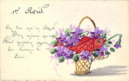 1er AVRIL - Panier De Violettes Et Poisson, Carte Peinte à La Main. - 1er Avril - Poisson D'avril