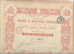 GRANDES TUILERIES ET BRIQUETERIES TOULOUSAINES-DIVISE EN 1250 ACTIONS ILLUSTREES  DE 100 FRS - ANNEE 1914 - Industrial