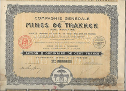 COMPAGNIE GENERALE DES MINES DE THAKHER -LAOS-INDOCHINE -LOT 4 ACTIONS B DE 100 FRS 1928 - Mijnen