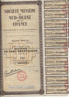 SOCIETE MINIERE DU SUD - OUEST DE LA FRANCE-LOT DE 3DIXIEMES DE PARTS -1944 - Bergbau