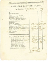 Prix Courants Des Bleds (blés) 7 Mars 1789 , Marseille, En Provenance De Différentes Origines - ... - 1799