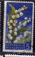 SAN MARINO 1957 FLORA FIORI II 2 EMISSIONE MUGHETTI FIORE FLOWERS  FLOWER 2TH ISSUE LIRE 5 USATO USED OBLITERE' - Usati